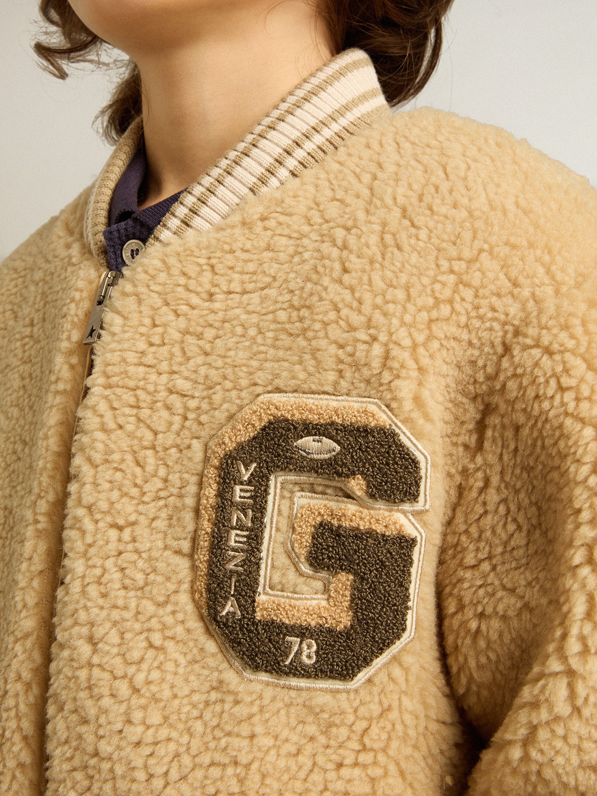 Kids beige fleece bomber jacket| Golden Goose