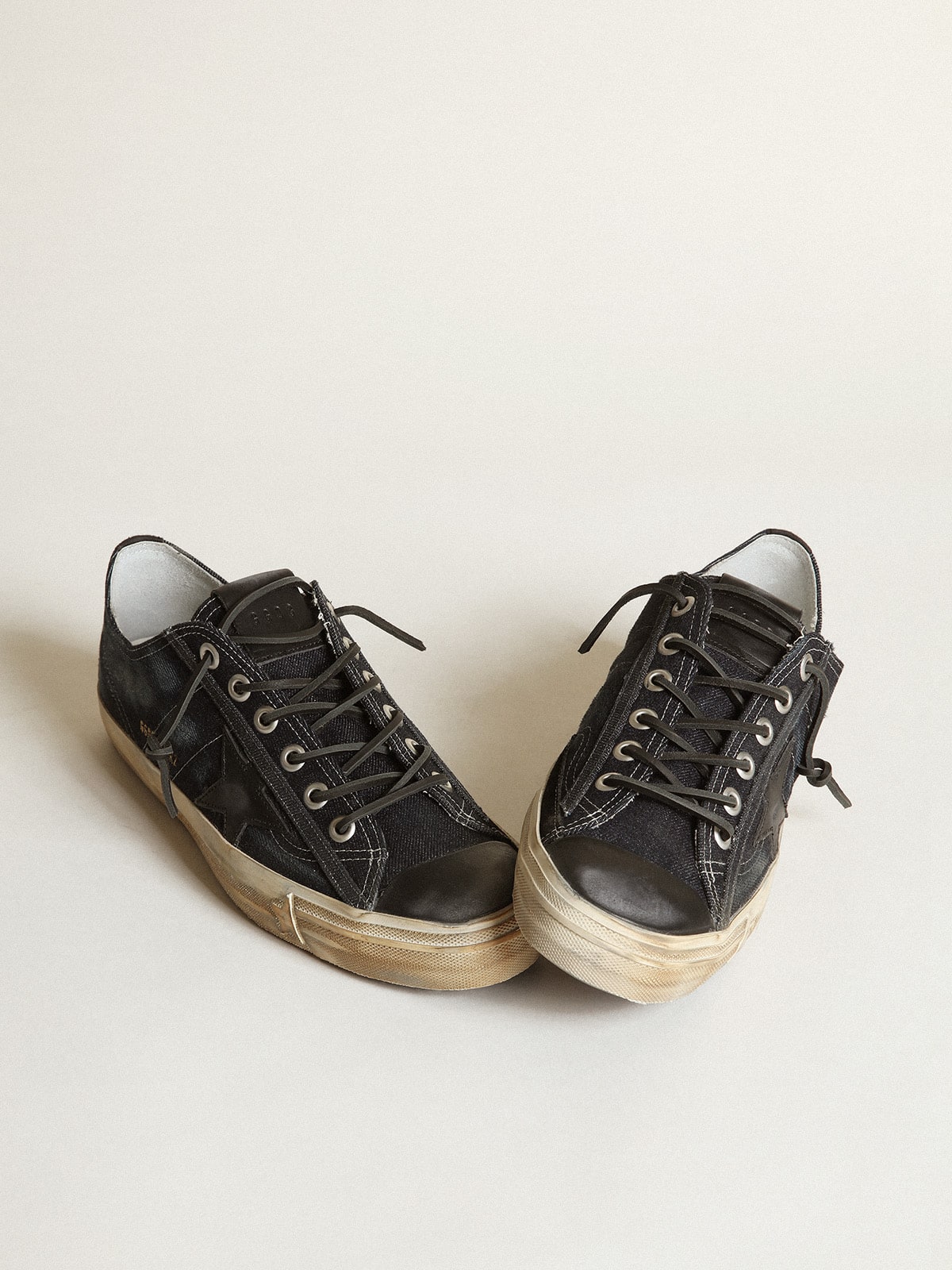V-Star sneakers in midnight-blue denim with black leather star and toe| Golden Goose