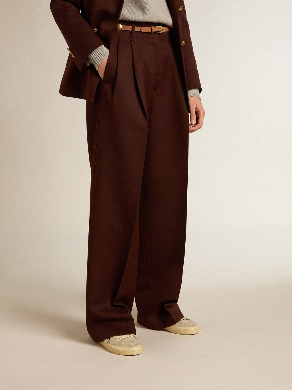 Women's pants in coffee-colored wool gabardine| Golden Goose