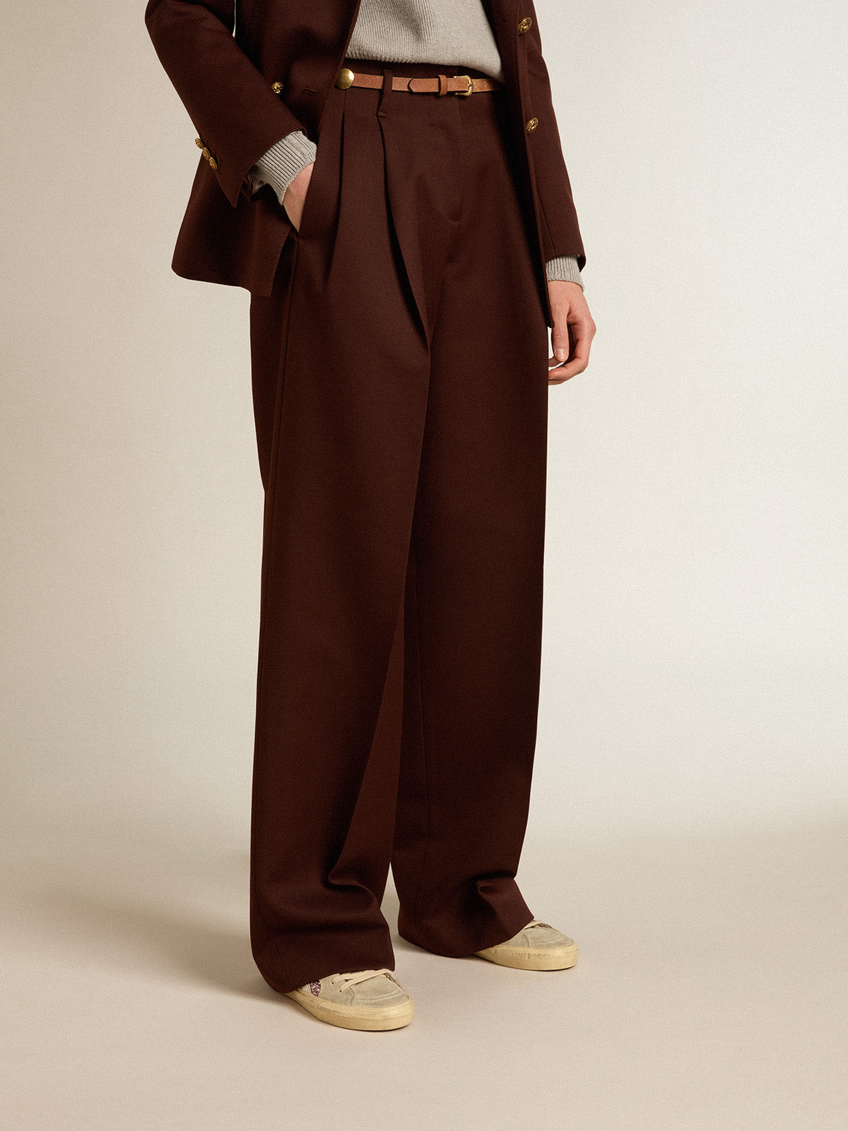 Women's pants in coffee-colored wool gabardine| Golden Goose