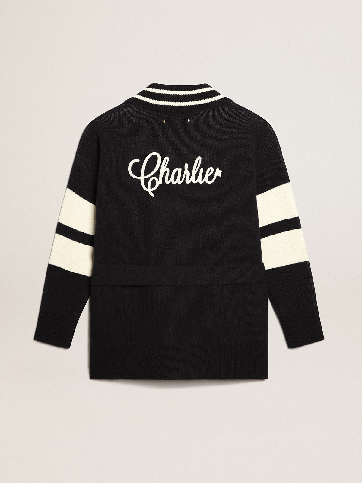 Women's blue cardigan with belt at the waist and lettering on the back| Golden Goose