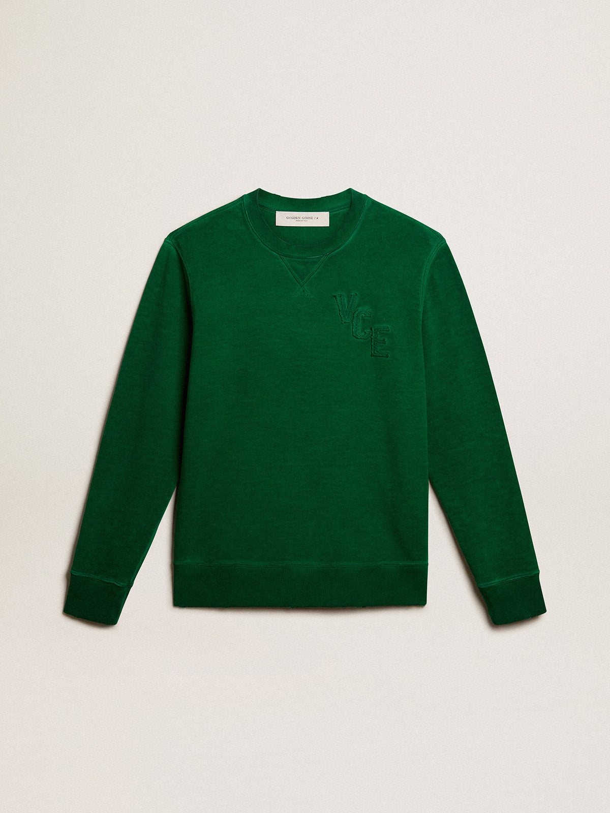 Round-neck sweatshirt in green cotton fleece| Golden Goose