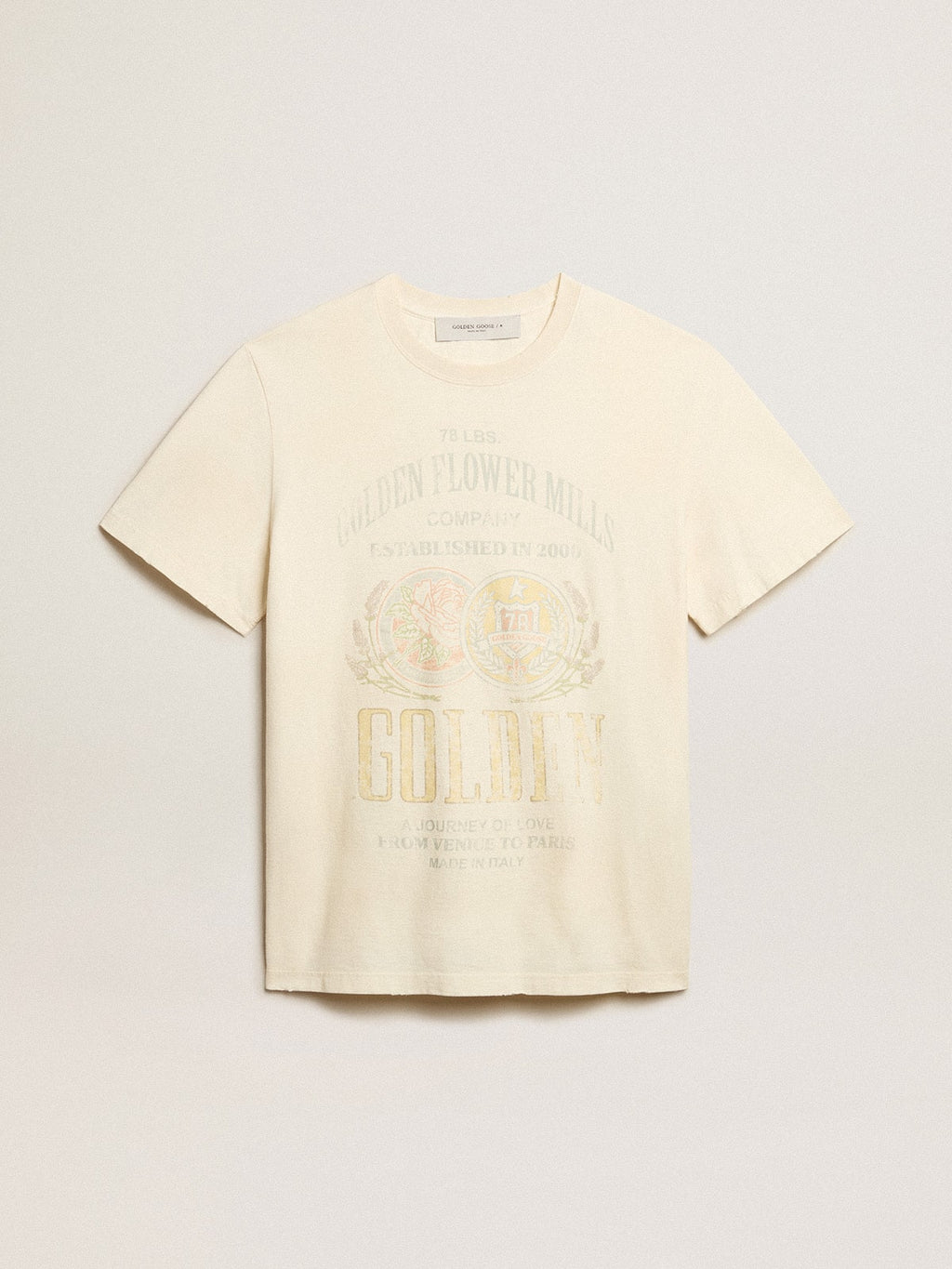 Men's aged white cotton T-shirt with print on the front| Golden Goose