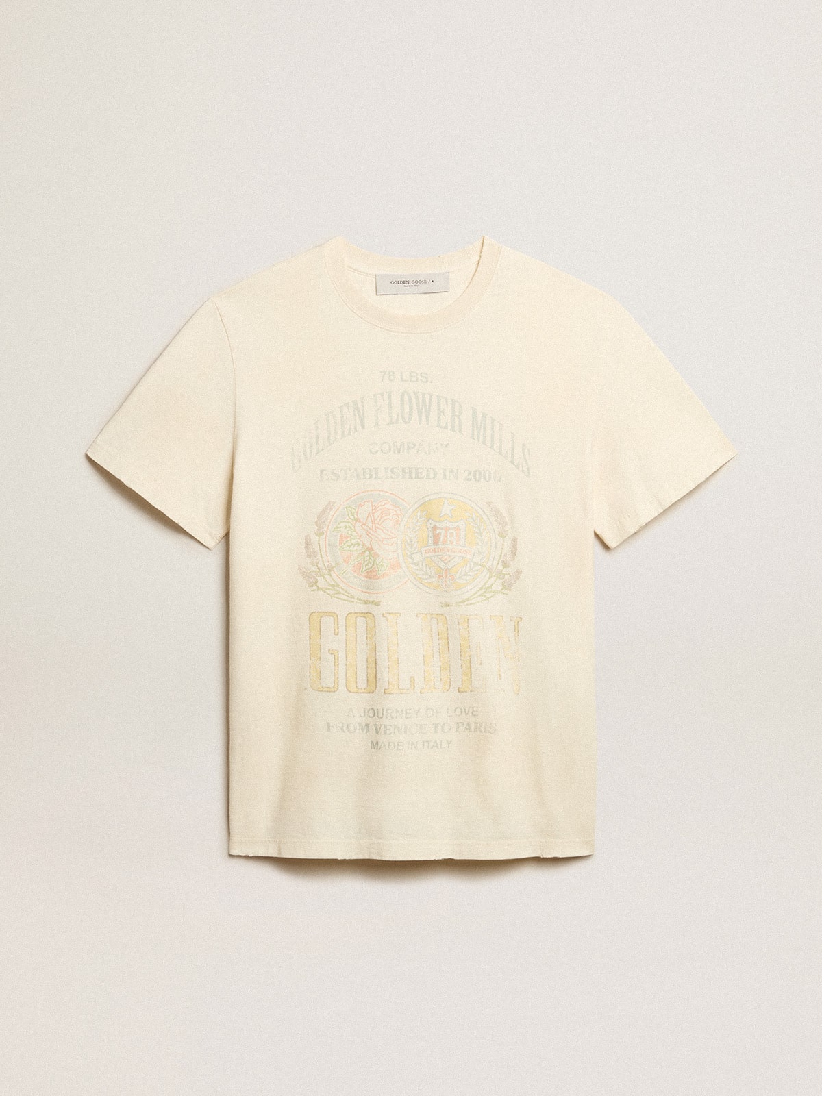 Men's aged white cotton T-shirt with print on the front| Golden Goose