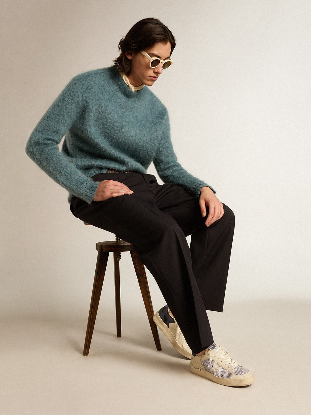 Stardan in white leather and mesh with blue metallic heel tab| Golden Goose