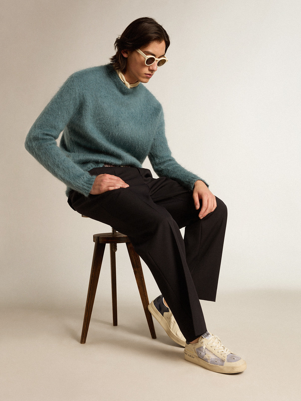 Stardan in white leather and mesh with blue metallic heel tab| Golden Goose