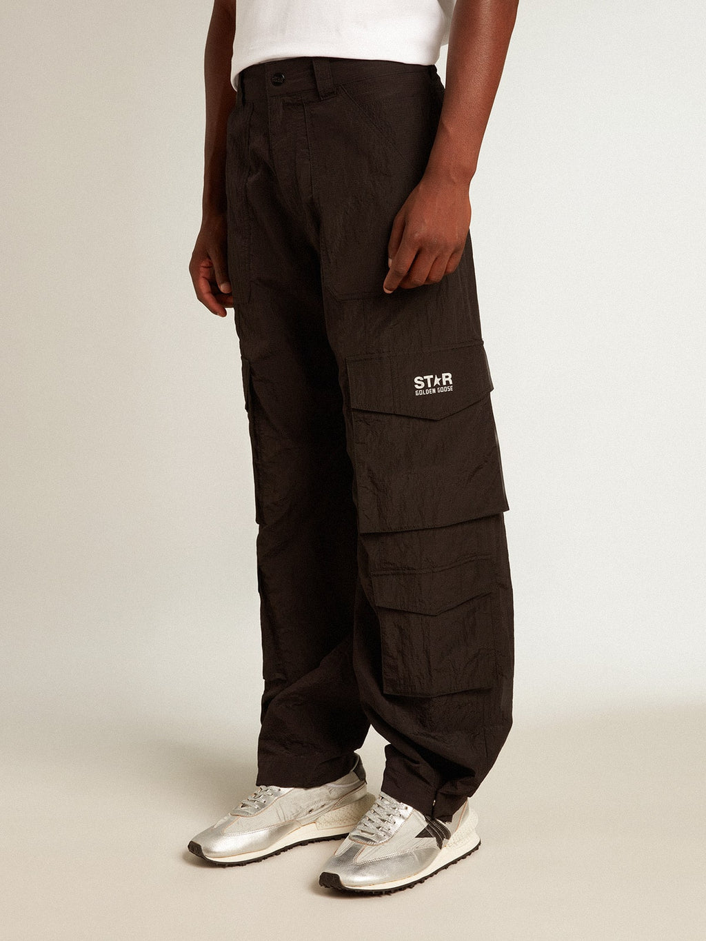 Black-colored ripstop nylon cargo pants| Golden Goose