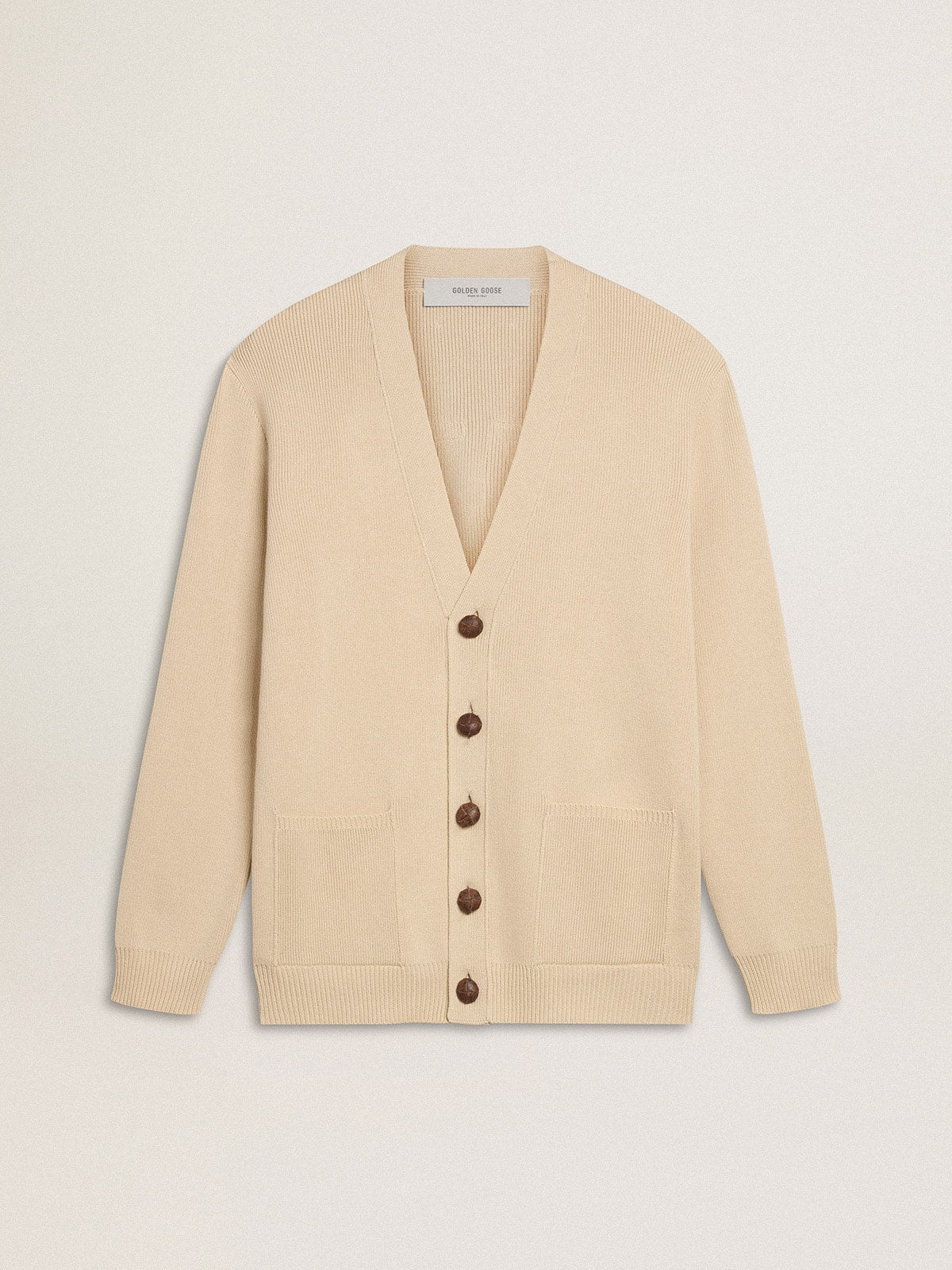 Men's beige cardigan with 'Golden' lettering on the back| Golden Goose