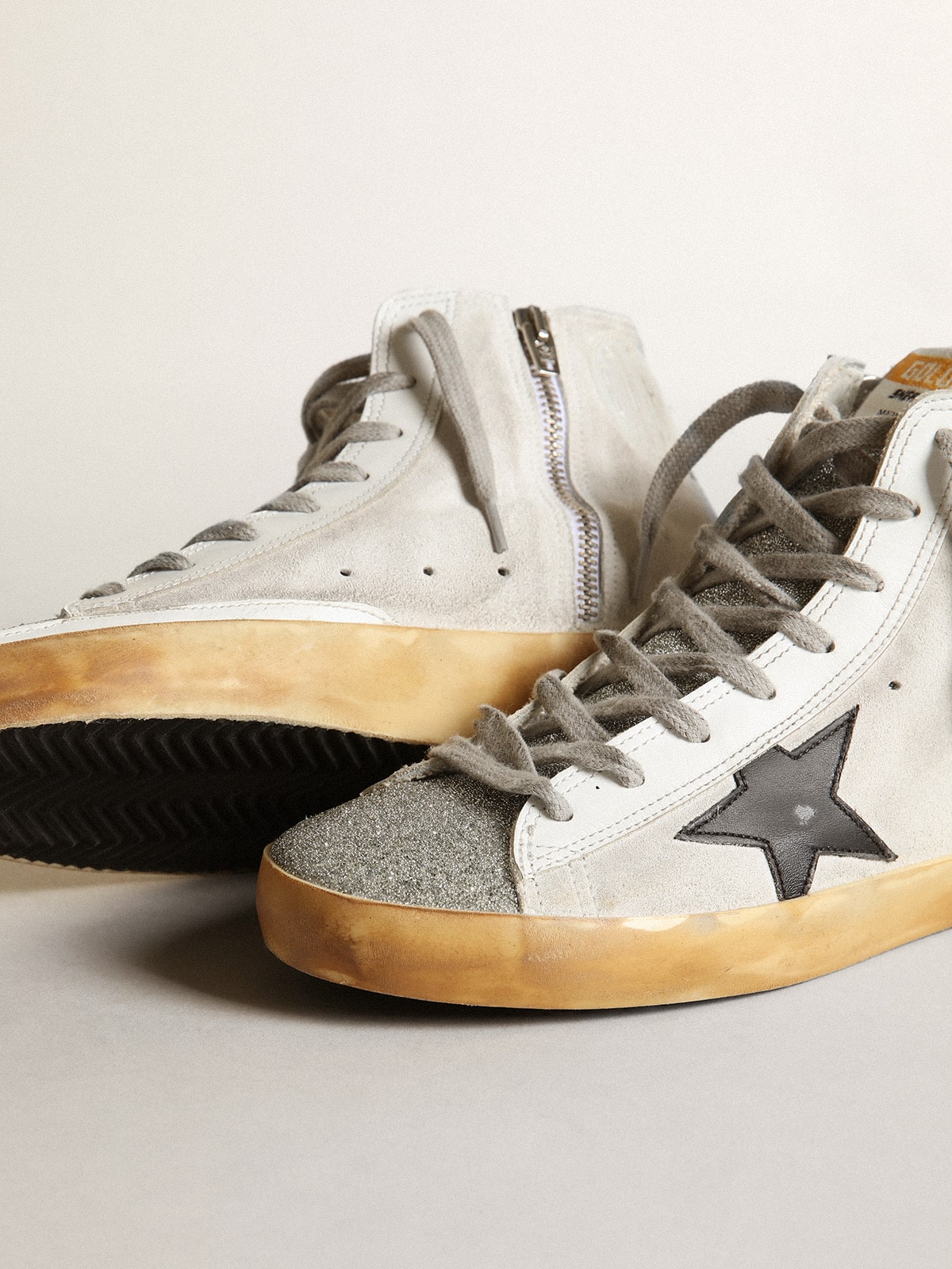 Women's Francy in white suede with black leather star and silver Swarovski crystal tongue| Golden Goose