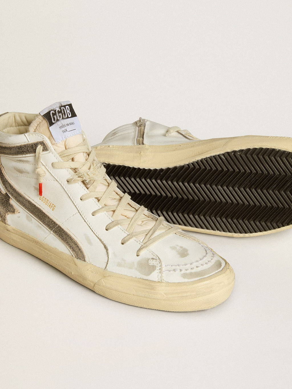 Men's Slide LAB in white leather with star and flash in brown suede| Golden Goose