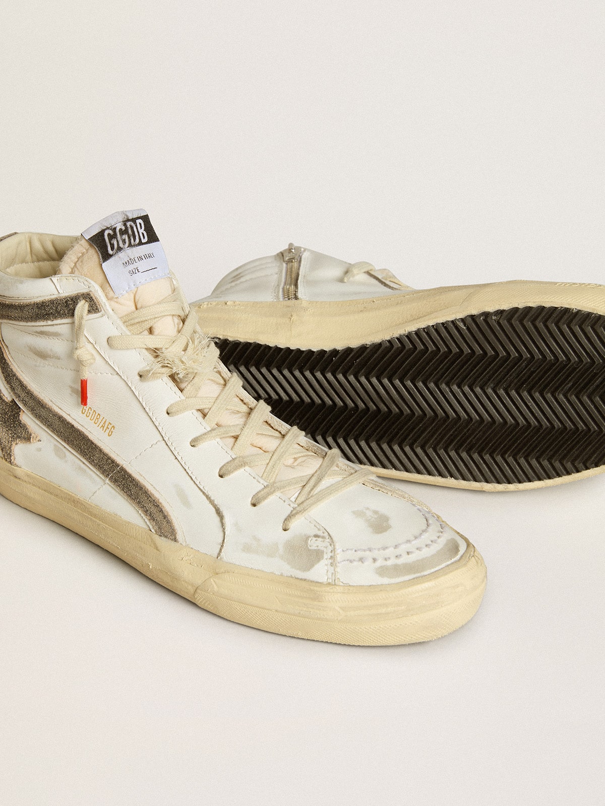 Men's Slide LAB in white leather with star and flash in brown suede| Golden Goose