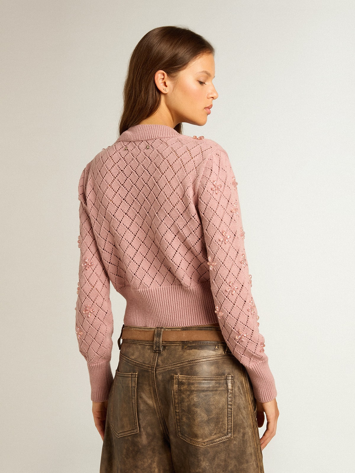 Openwork cotton cropped cardigan with decorative crystals| Golden Goose