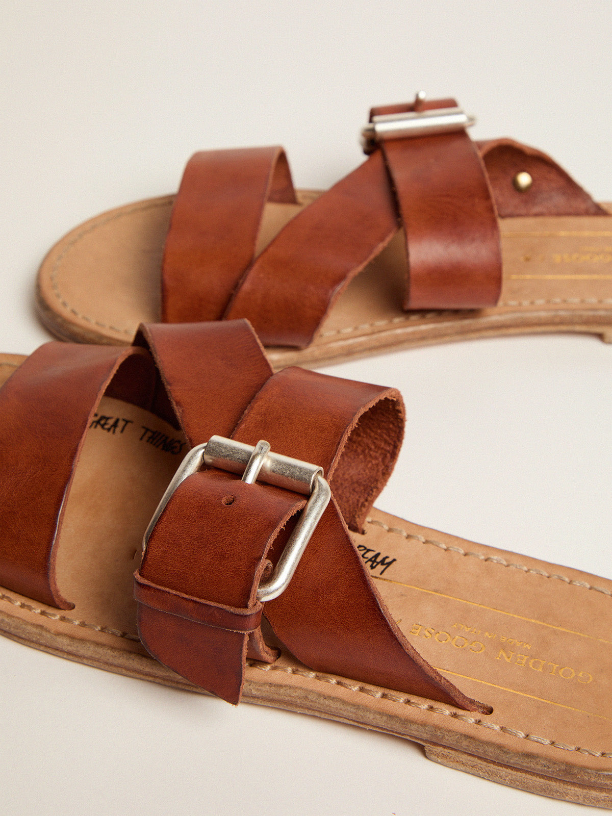 Margaret flat sandals in resin-coated leather| Golden Goose