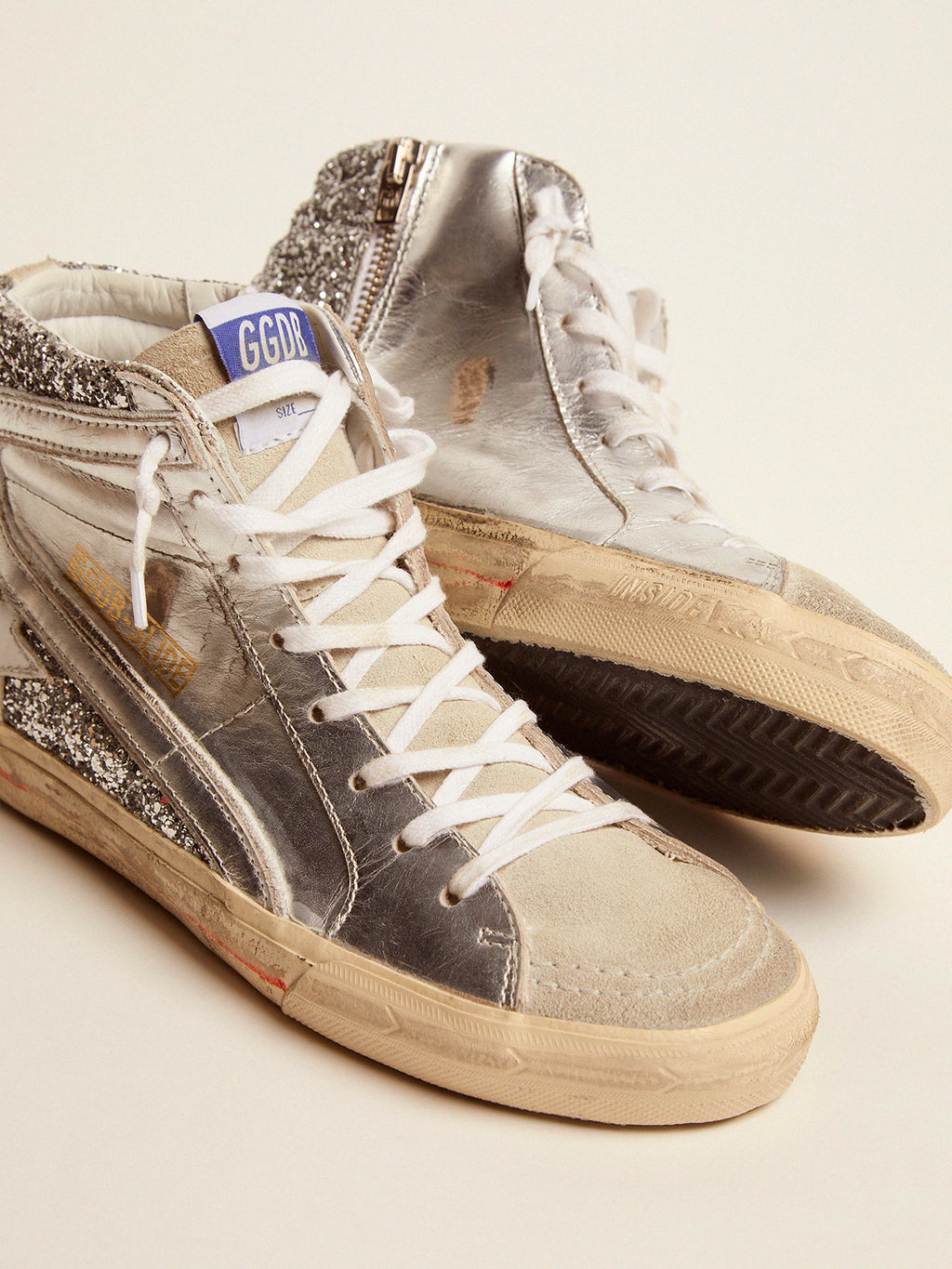 Women's Slide with laminated leather upper and silver glitter| Golden Goose