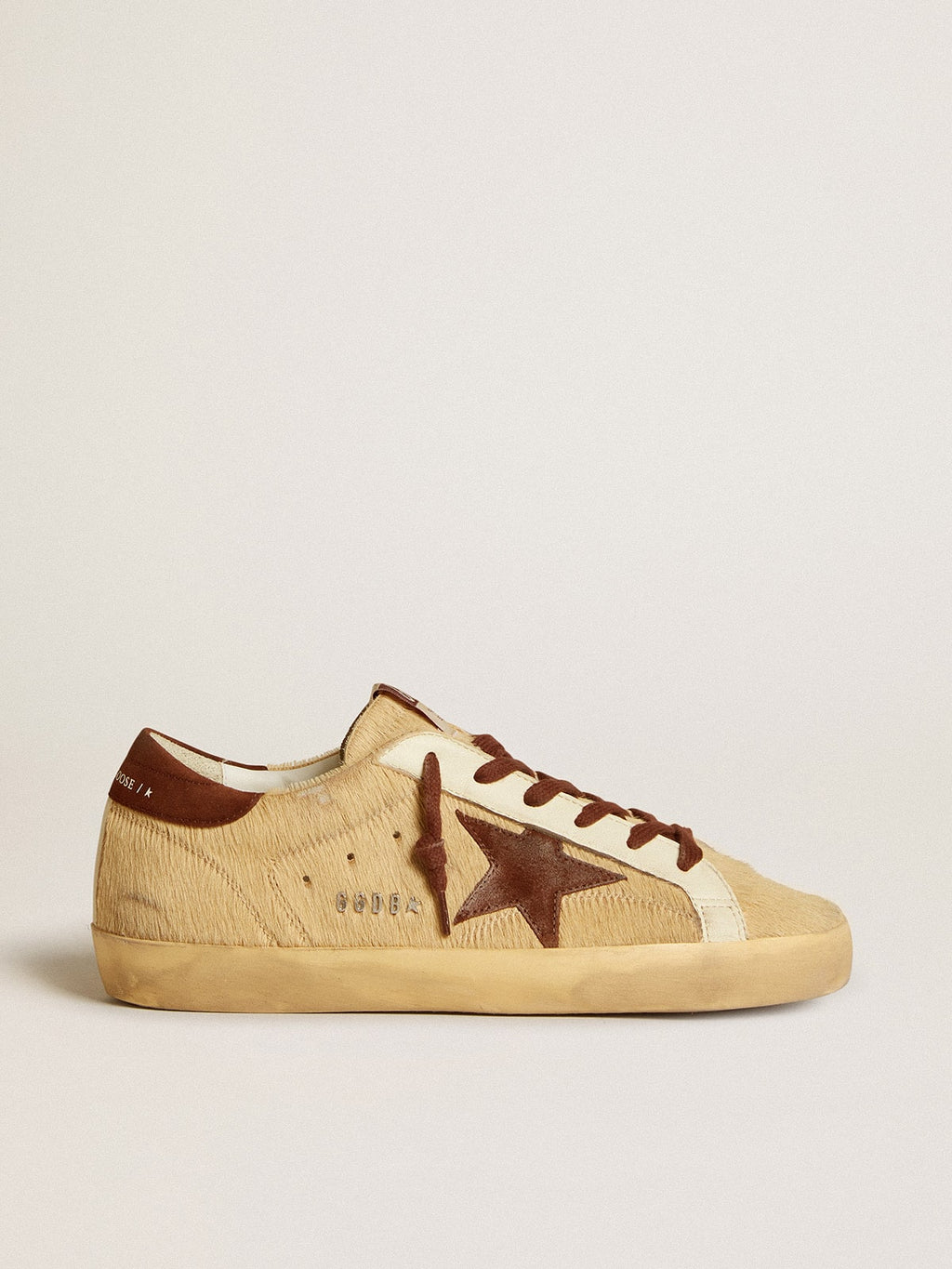 Women's Super-Star in beige pony skin with brown suede star and heel tab| Golden Goose