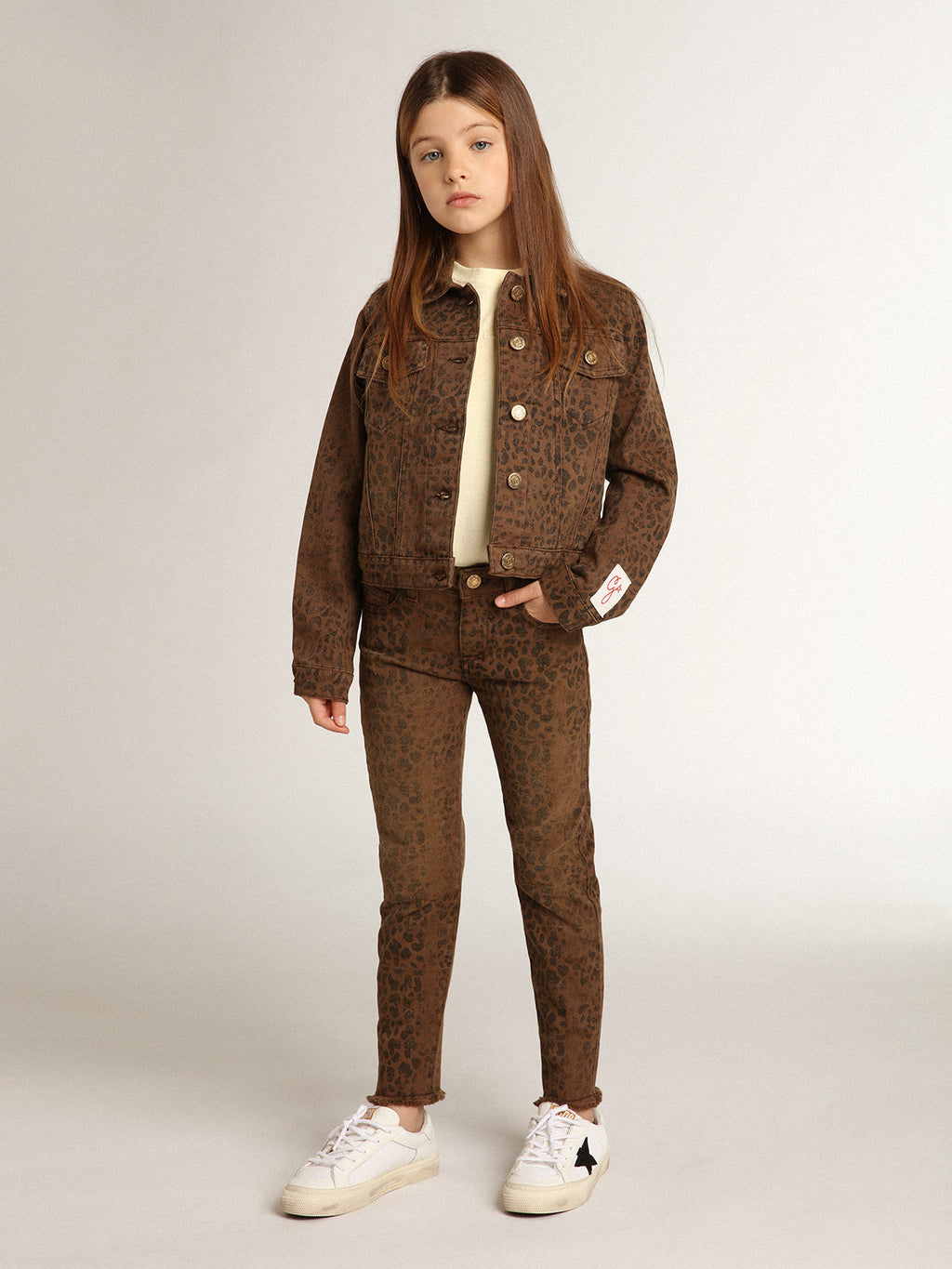 Girls' cotton jacket with jacquard animal print| Golden Goose