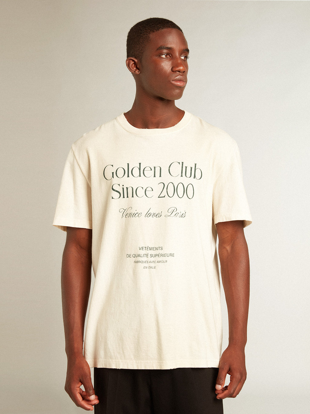 Men's cotton T-shirt in aged white with green lettering| Golden Goose