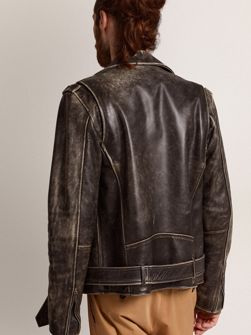 Men's black leather biker jacket| Golden Goose