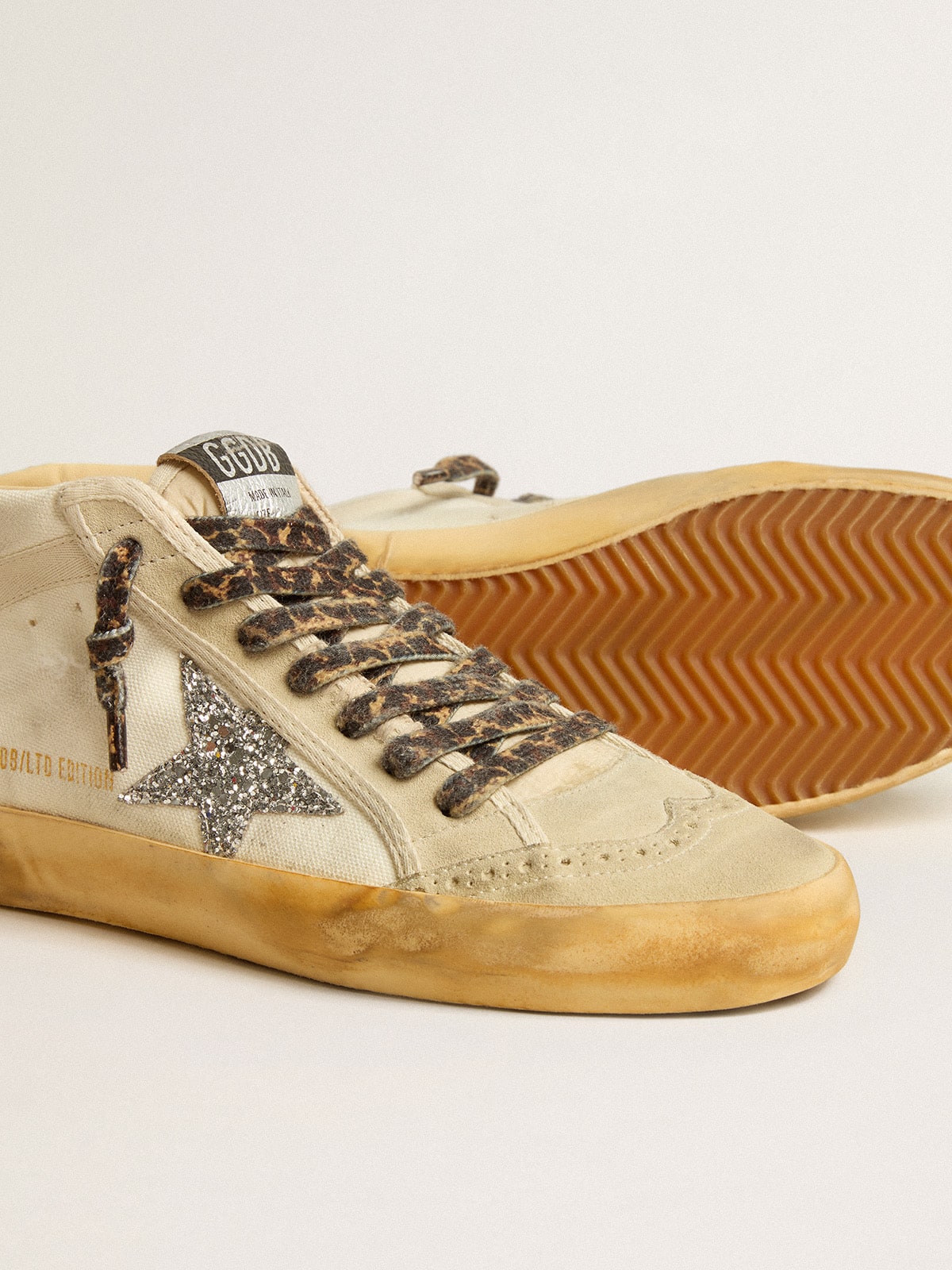 Women's Mid Star in canvas with silver glitter star and beige flash| Golden Goose