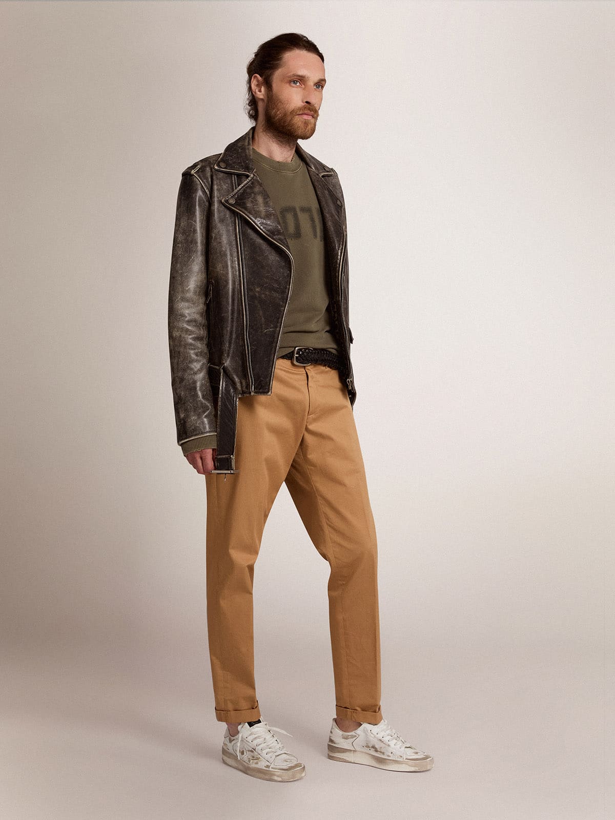Men's black leather biker jacket| Golden Goose