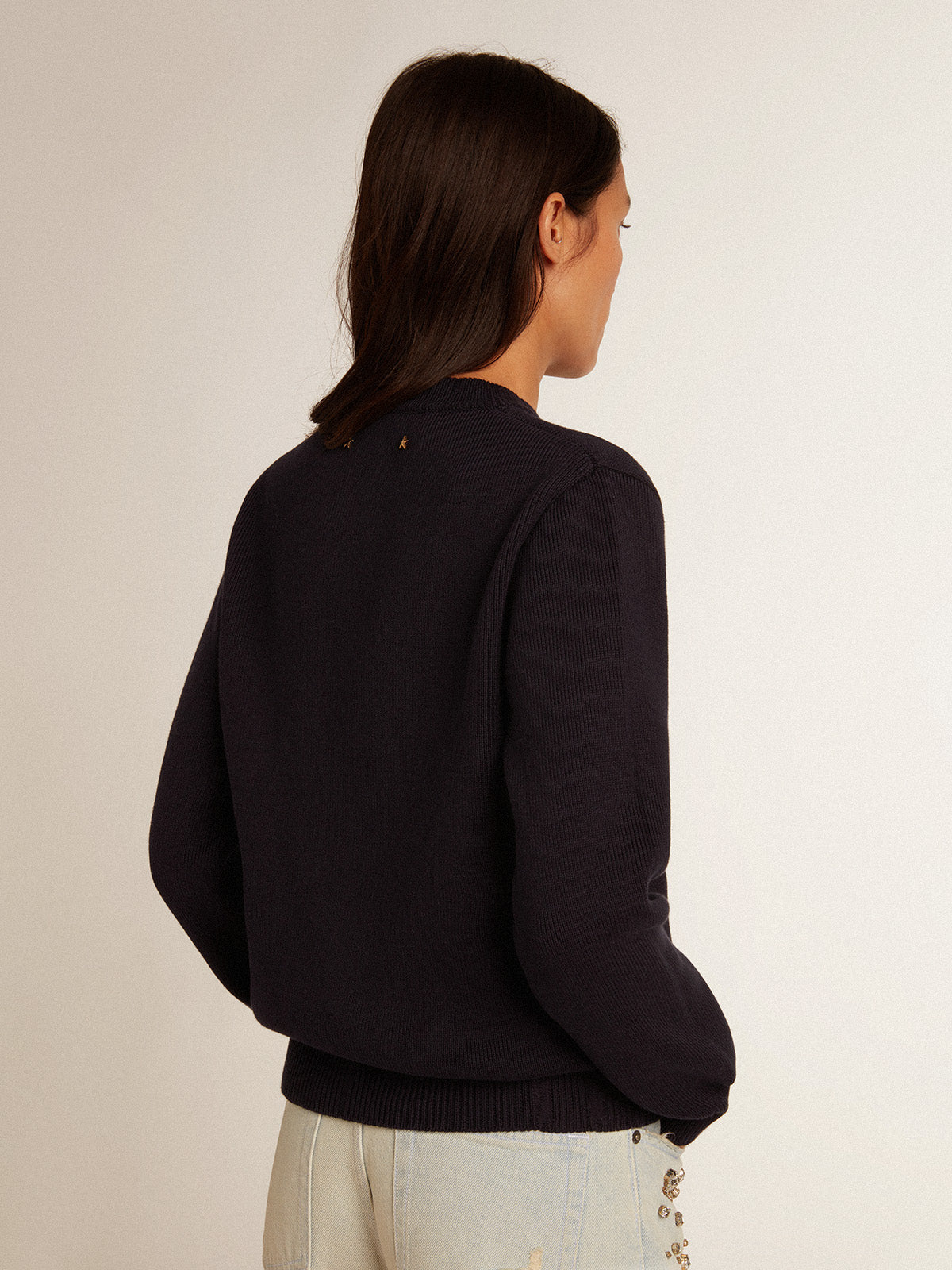 Women's round-neck sweater in dark blue cotton| Golden Goose