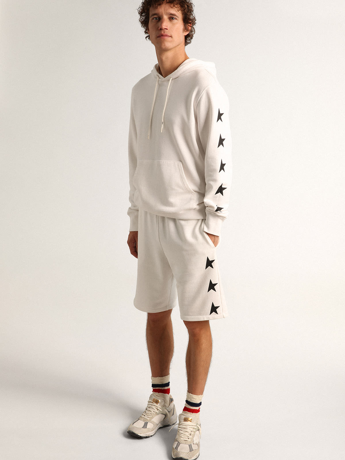 Alighiero Star Collection hooded sweatshirt in vintage white with contrasting black stars| Golden Goose