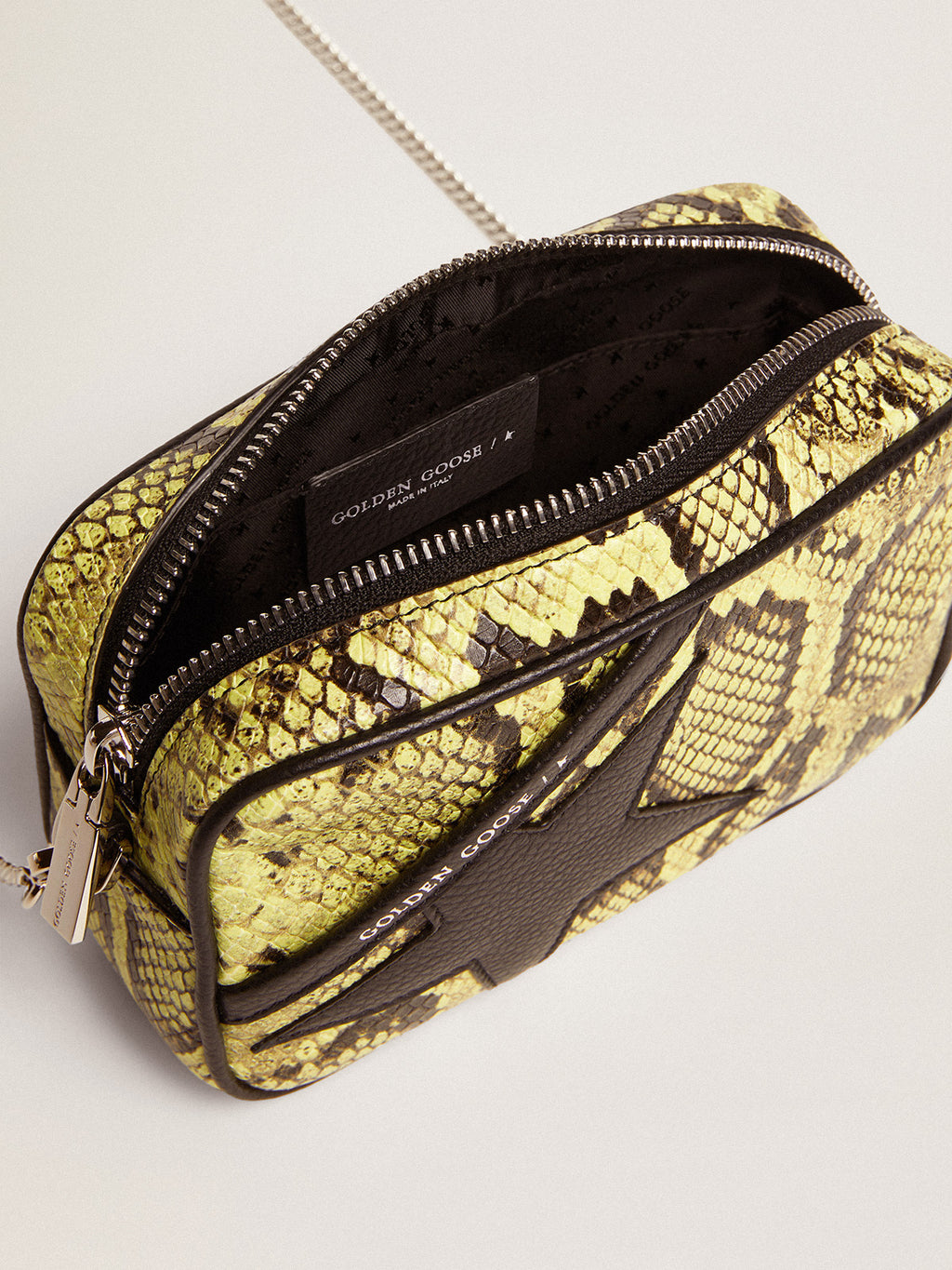 Women's Mini Star Bag in lime green snake print leather with black star| Golden Goose