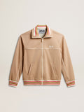 Men's light beige zipped sweatshirt with white logo| Golden Goose