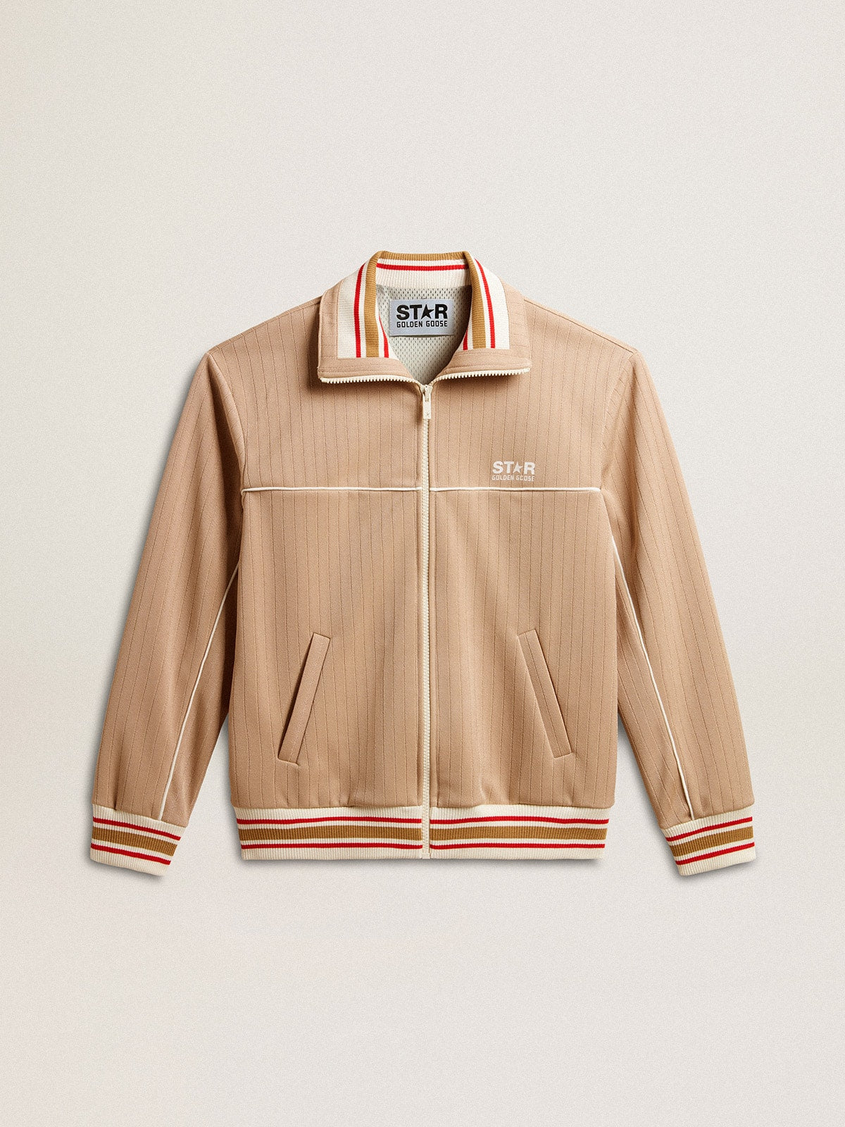 Men's light beige zipped sweatshirt with white logo| Golden Goose