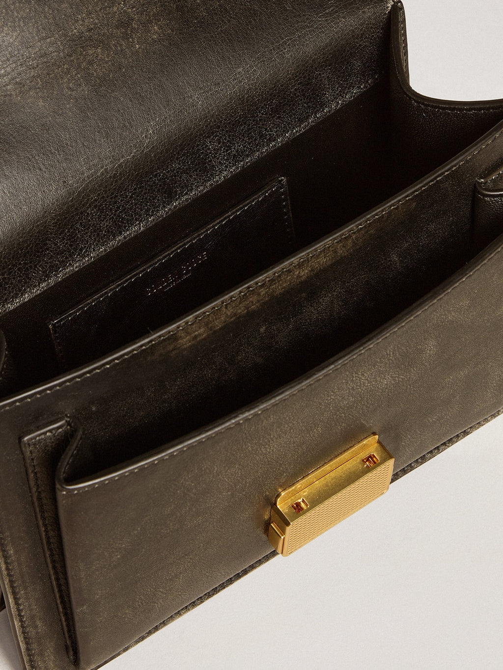 Venezia Bag in black distressed leather with gold details| Golden Goose