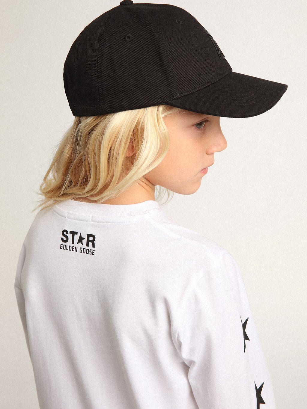 White long-sleeved T-shirt with contrasting black stars| Golden Goose