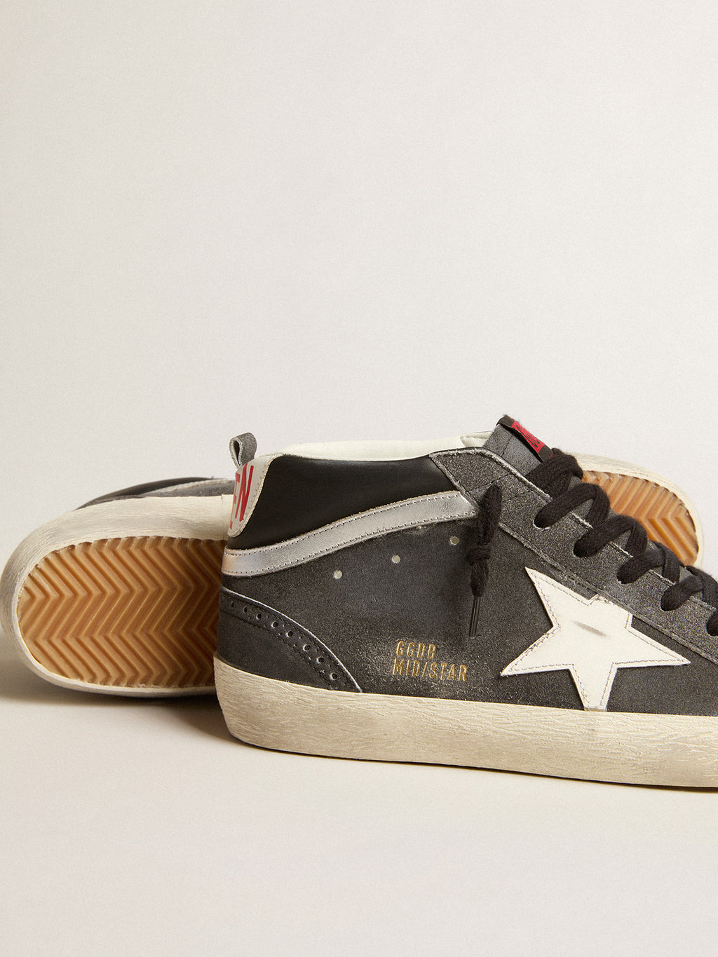 Mid Star in black suede with white leather star and silver flash| Golden Goose