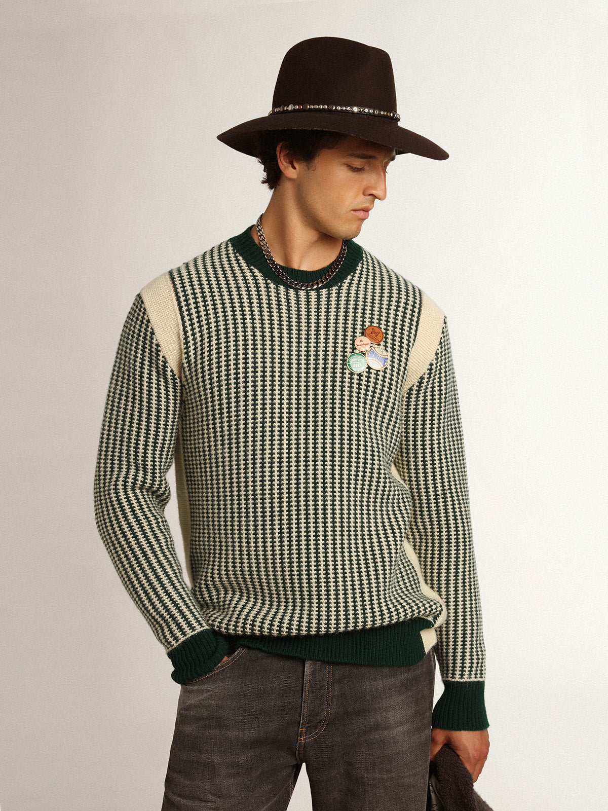 Men's round-neck sweater in two-tone white and green wool| Golden Goose