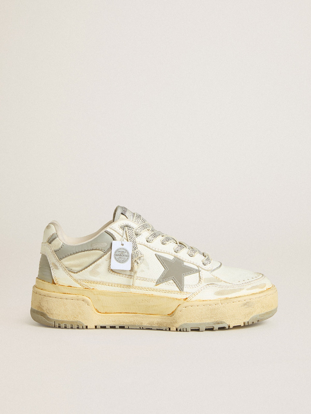 Women's Forty2 in white leather with laces with Swarovski crystals and gray star| Golden Goose