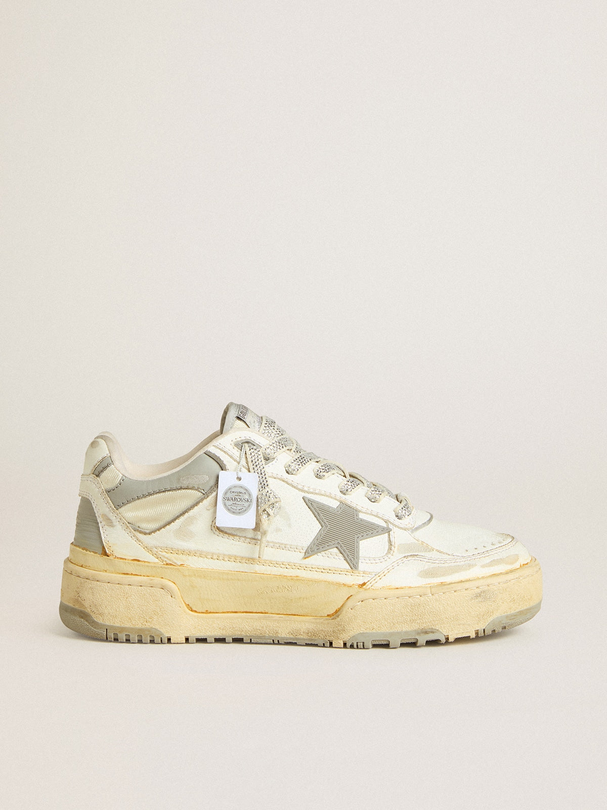 Women's Forty2 in white leather with laces with Swarovski crystals and gray star| Golden Goose