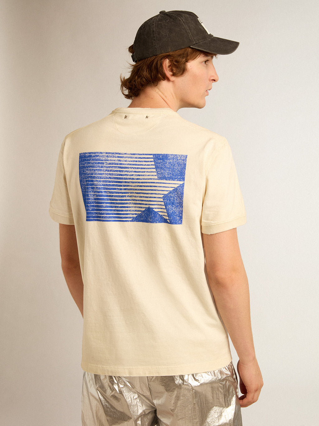 Aged white cotton T-shirt with blue Marathon logo| Golden Goose