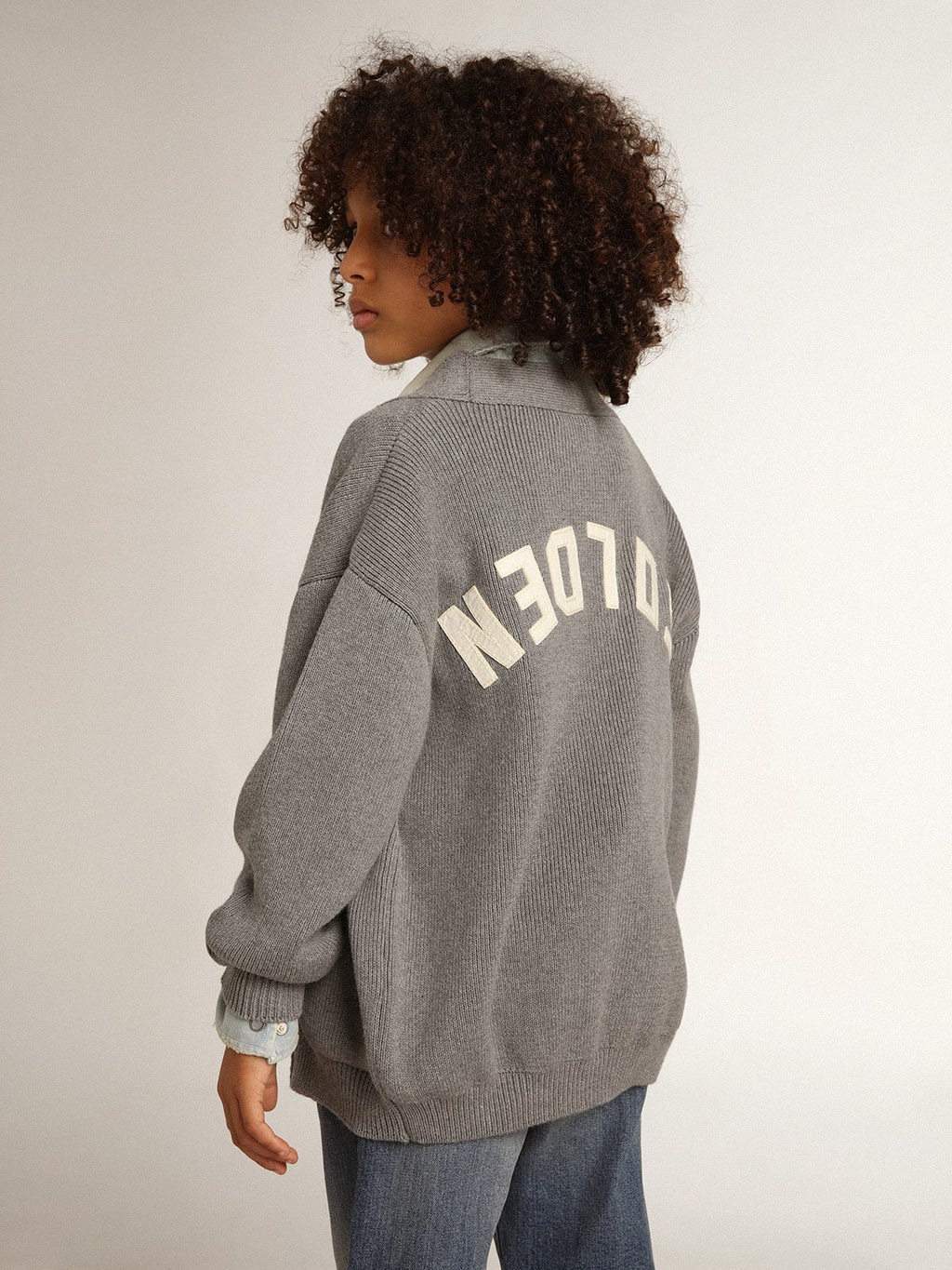 Gray cotton cardigan with logo on the back| Golden Goose