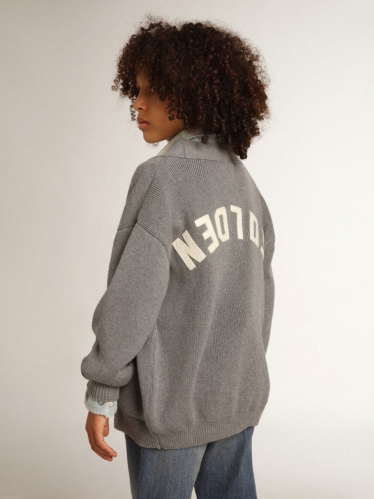 Gray cotton cardigan with logo on the back| Golden Goose