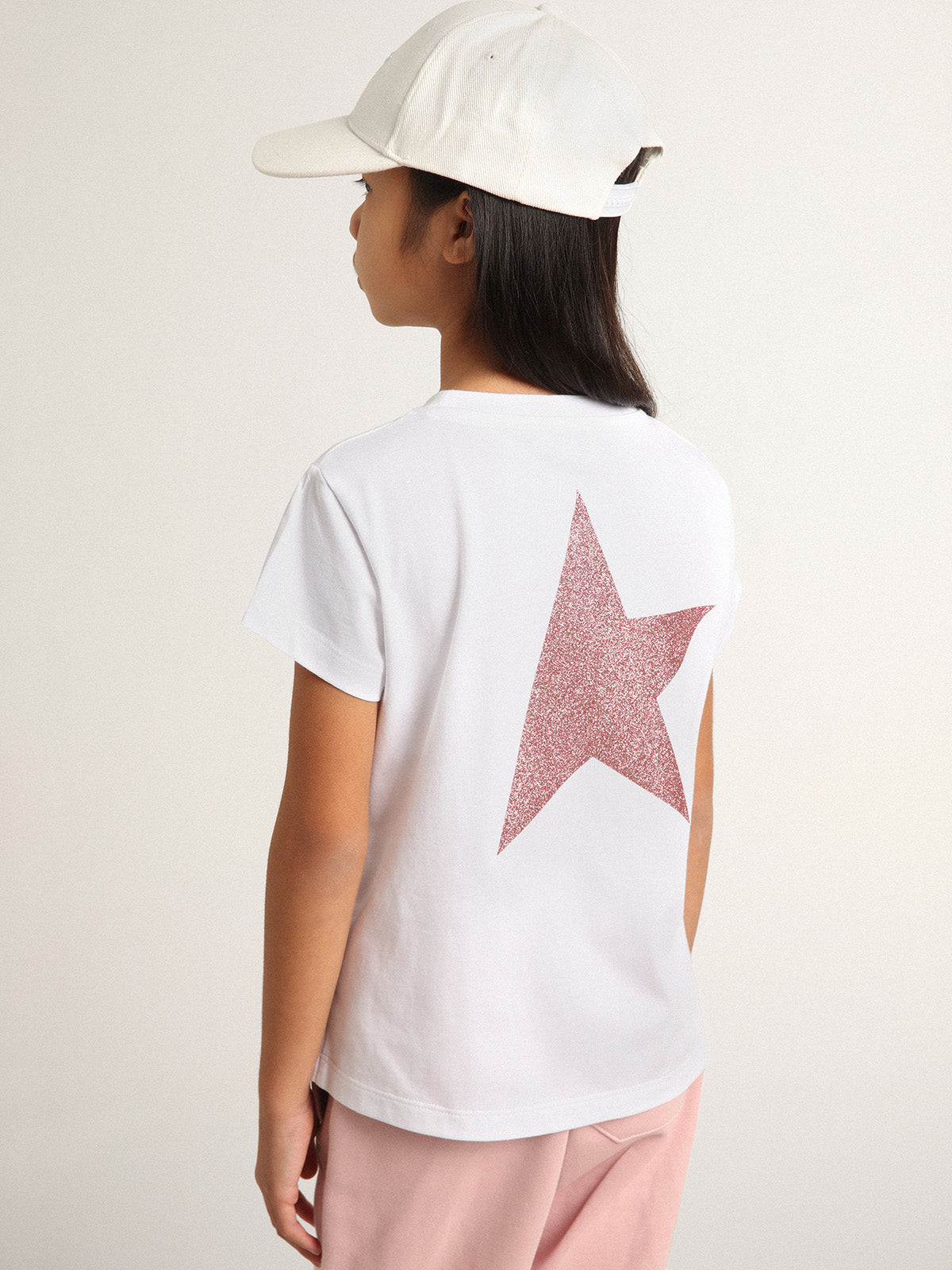 Girls' white T-shirt with pink glitter logo and maxi star| Golden Goose