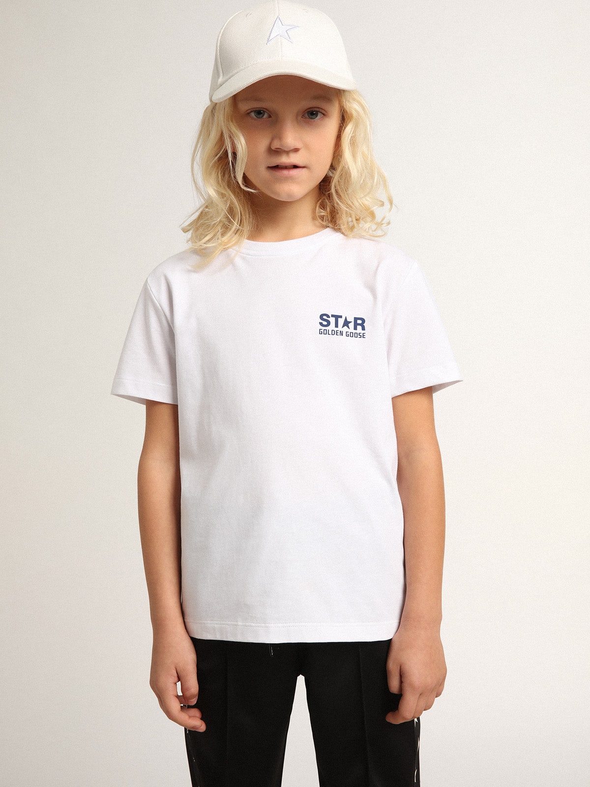 Boys' white T-shirt with contrasting dark blue logo and star| Golden Goose