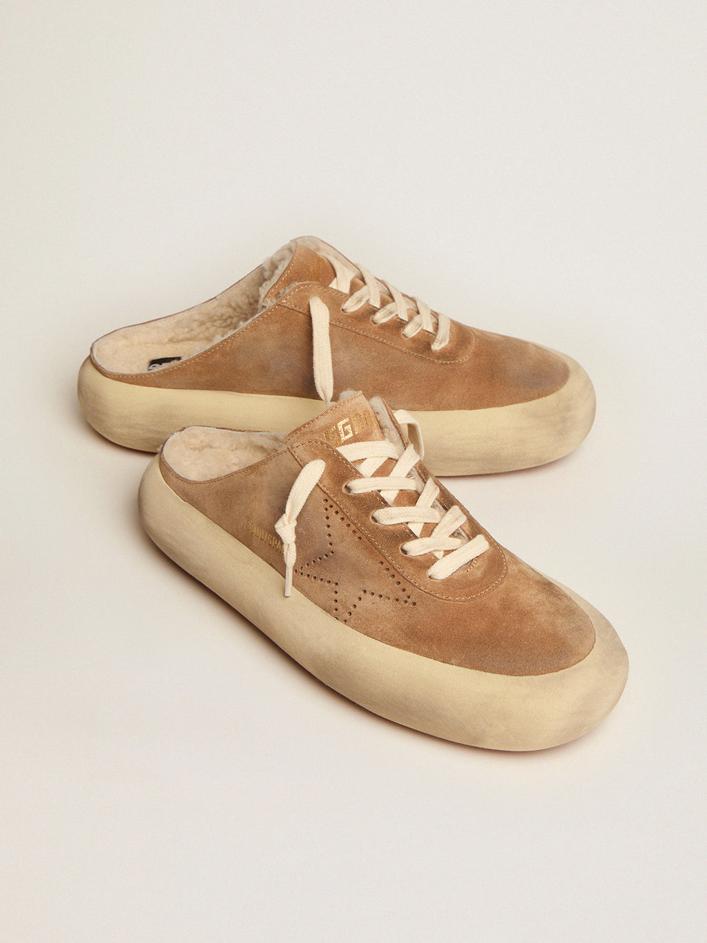 Women's Space-Star Sabot shoes in tobacco-colored suede with shearling lining| Golden Goose