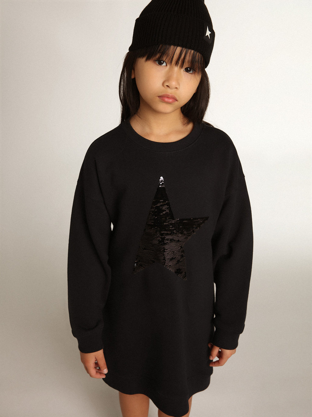 Girls' dark blue sweatshirt dress with sequin star| Golden Goose