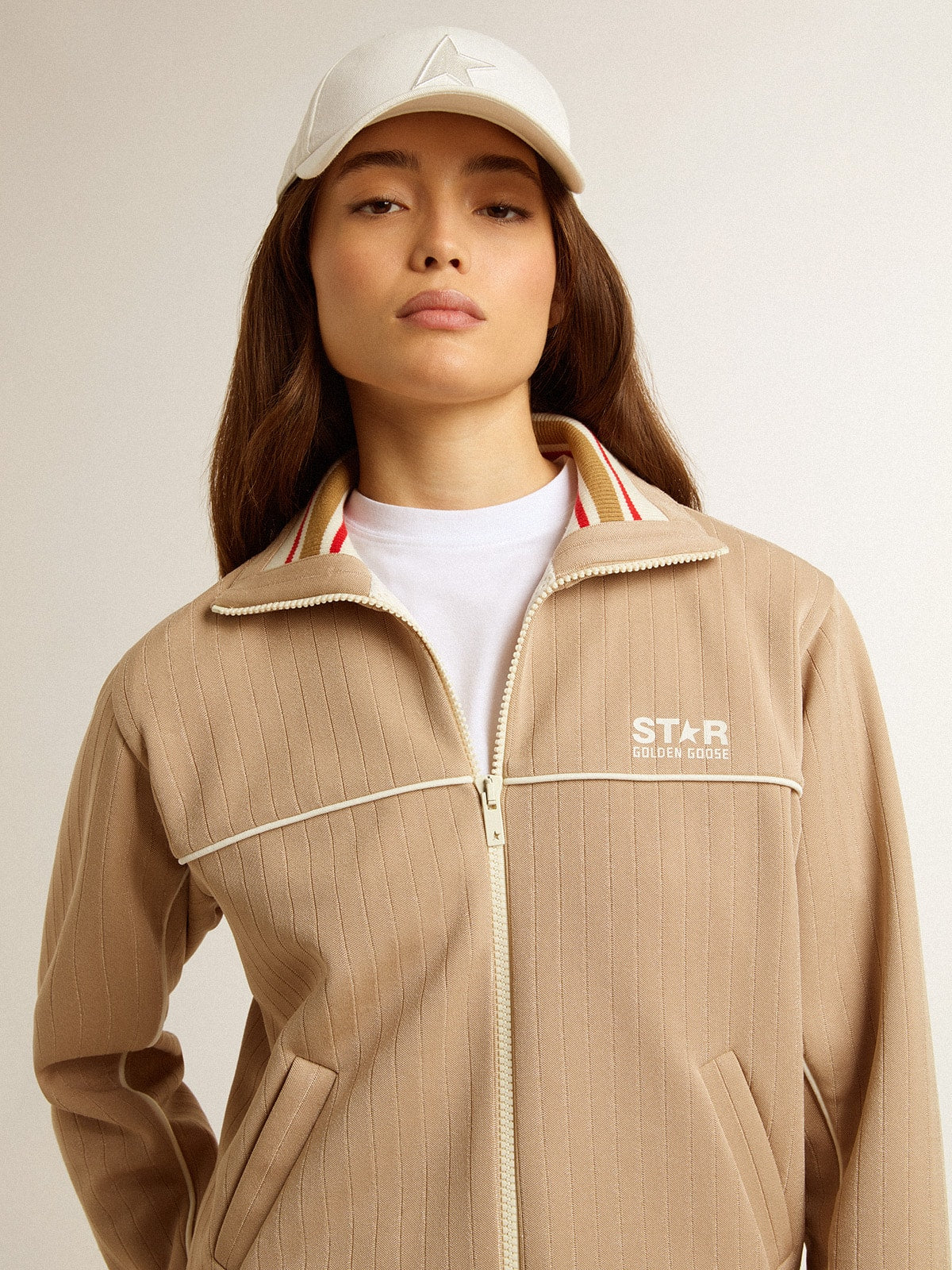 Women's light beige zipped sweatshirt with white logo| Golden Goose