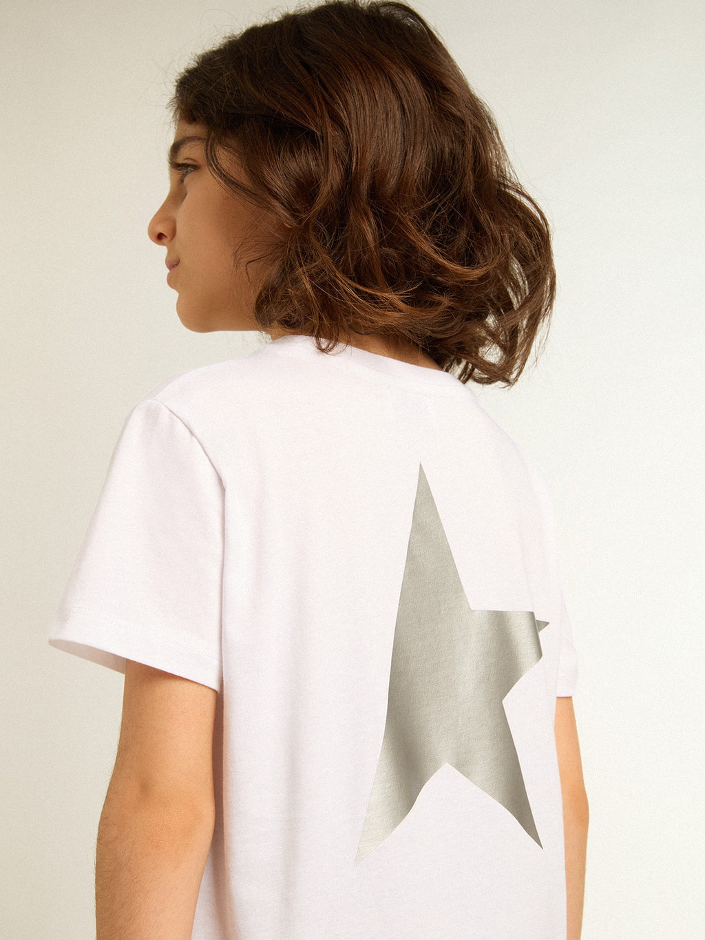 White T-shirt with contrasting silver logo on the front| Golden Goose