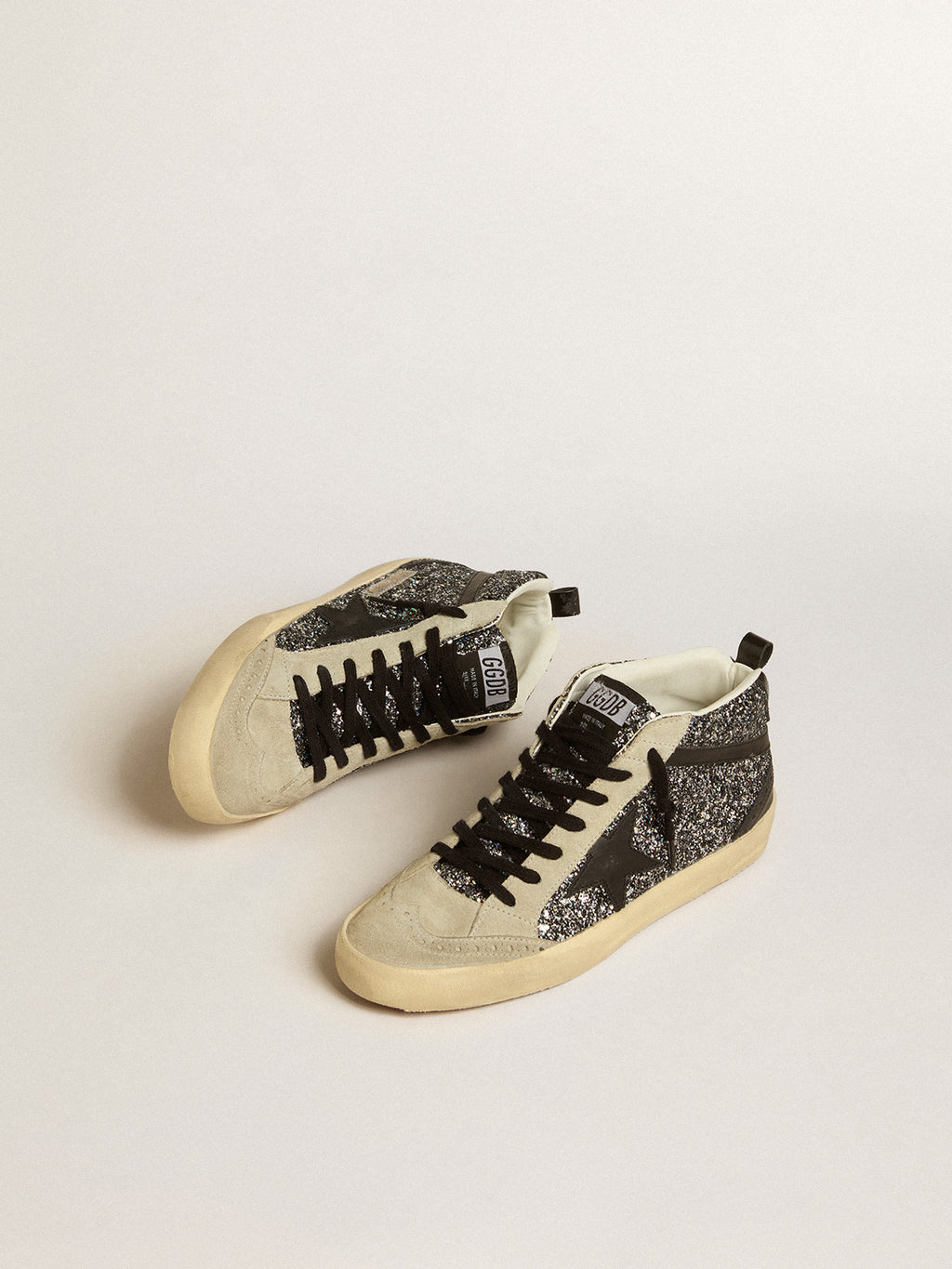 Mid Star LTD in black glitter with black leather star and flash| Golden Goose