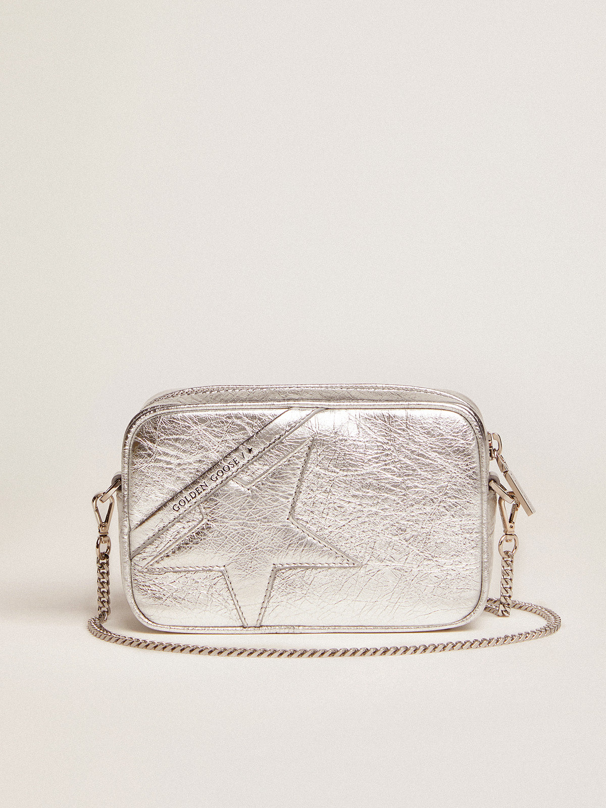 Women's Mini Star Bag in silver laminated leather with tone-on-tone star| Golden Goose