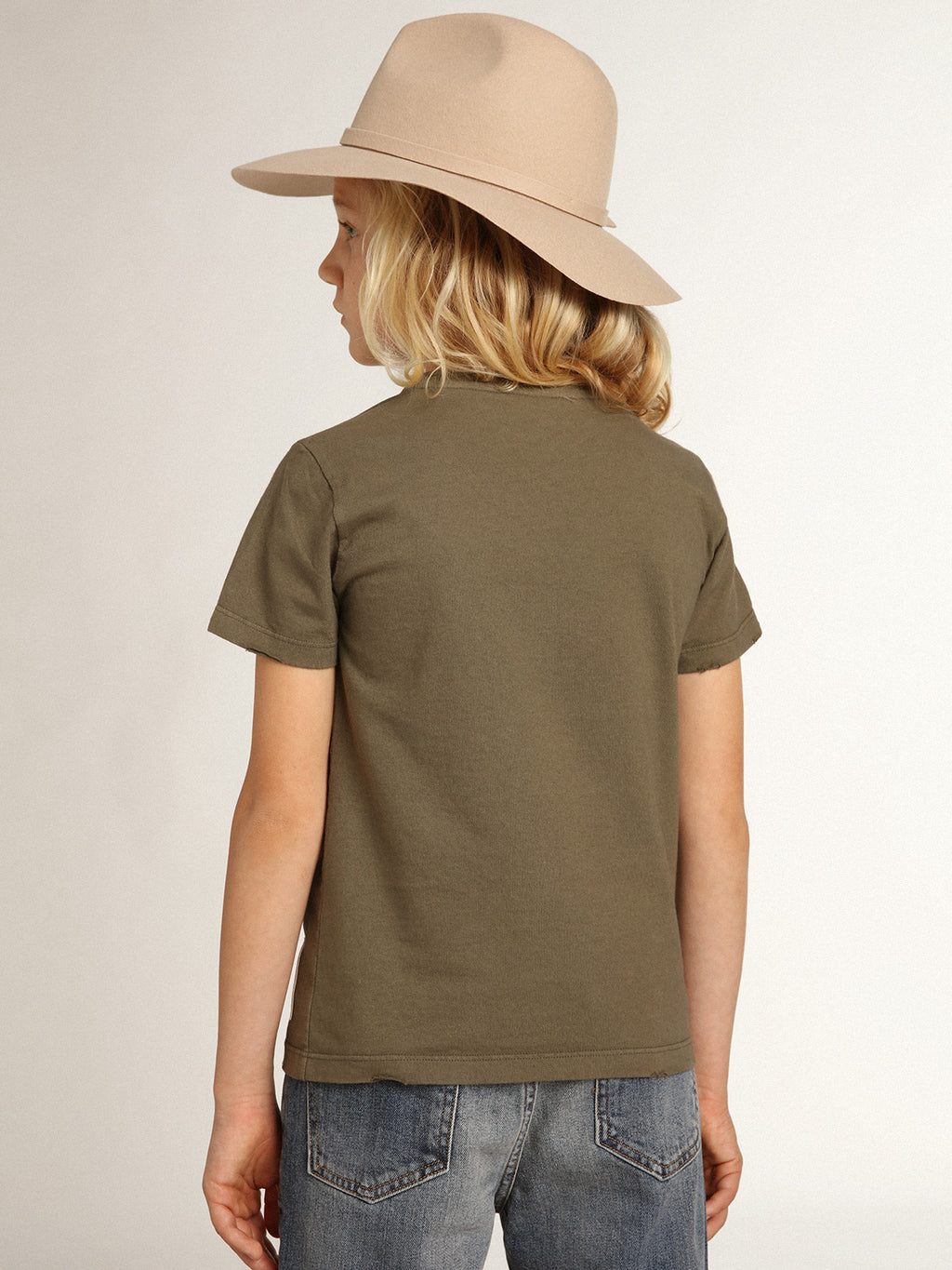 Boys' olive-green T-shirt with printed white logo in the center| Golden Goose