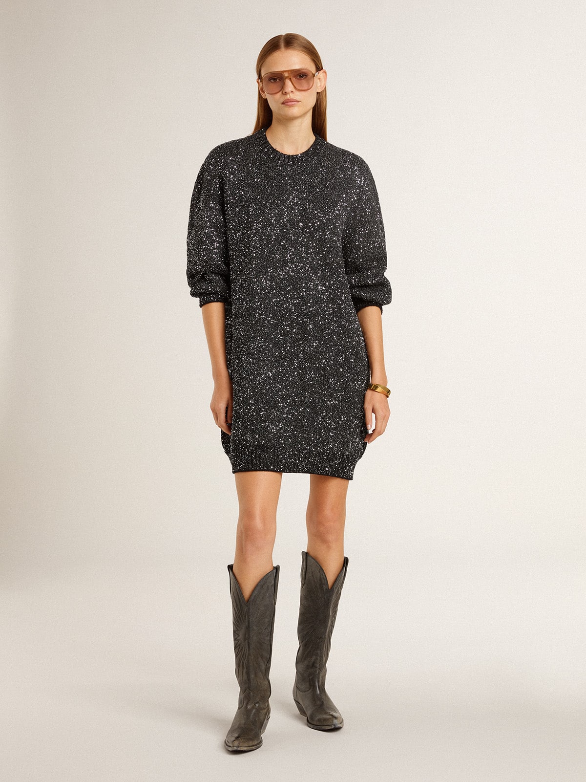 Women's black crew neck dress with all-over silver sequins| Golden Goose