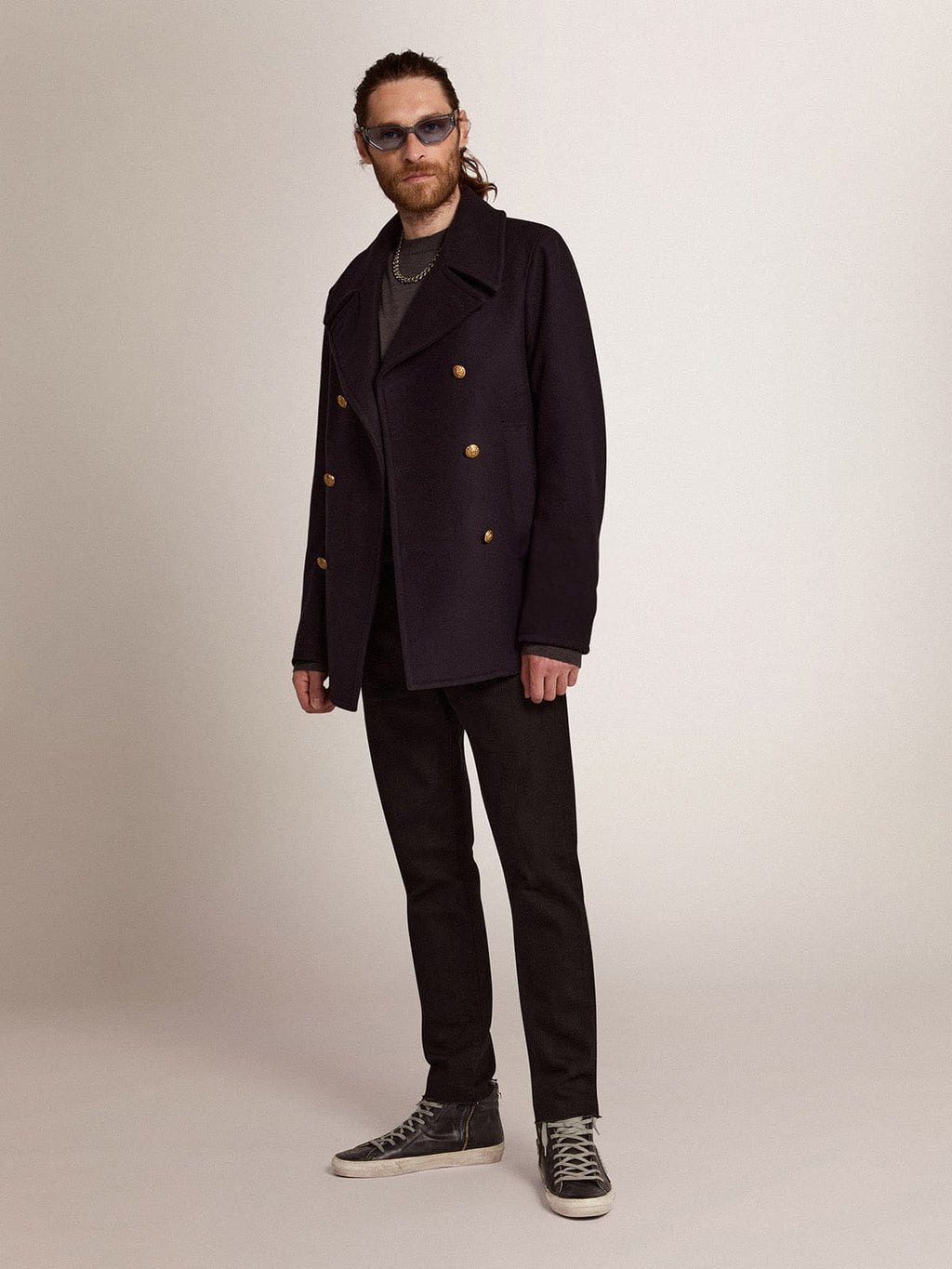 Men's double-breasted coat in dark blue wool with gold buttons| Golden Goose