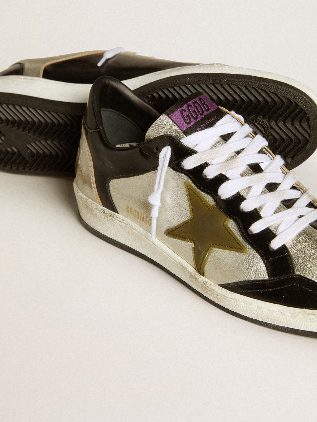 Women's Ball Star LAB in silver leather with brown leather star and black heel tab| Golden Goose